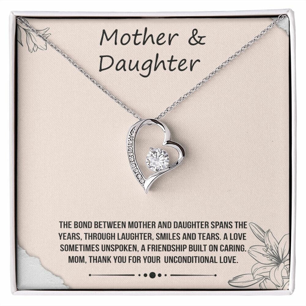 Mother & Daughter - White or Yellow Gold Finish, Heart Pendant Necklace, Perfect Gift for Mom, Birthday, Christmas, Wedding