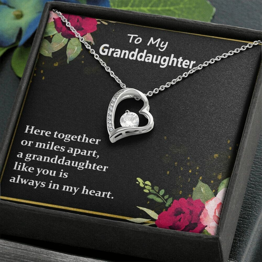 To My Granddaughter - White or Yellow Gold Finish, Heart Pendant Necklace, Perfect Gift for Granddaughters